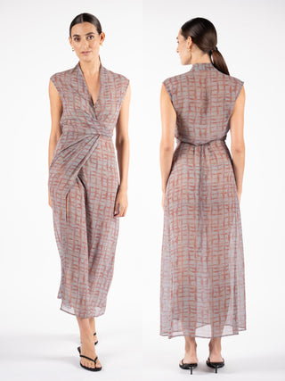 One Fell Swoop Linea Wrap Maxi in Ink Veil featuring a collared V neckline and sculptural wrap waist, printed georgette maxi dress.