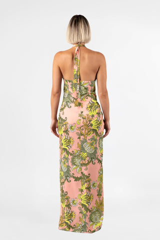 One Fell Swoop Helix Halter in Jardin de Soie, back view showing the halter tie at the back of the neck, the open upper back, the fitted waist and the long skirt in the pink, olive and chartreuse baroque botanical print.