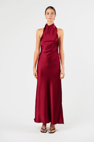 Kristina Dress in Venetian Red - draped halter neckline, front view - One Fell Swoop
