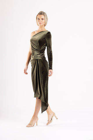 LETICIA DRESS IN BRACKEN VELOUR - One Fell Swoop