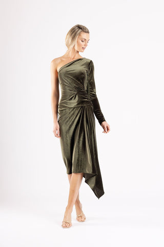 LETICIA DRESS IN BRACKEN VELOUR - One Fell Swoop