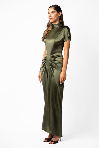 Lucent Maxi in Satin Thicket olive satin maxi dress side angle