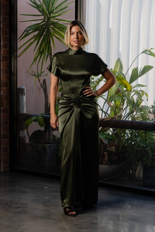 Lucent Maxi in Satin Thicket olive satin dress front showing cap sleeves