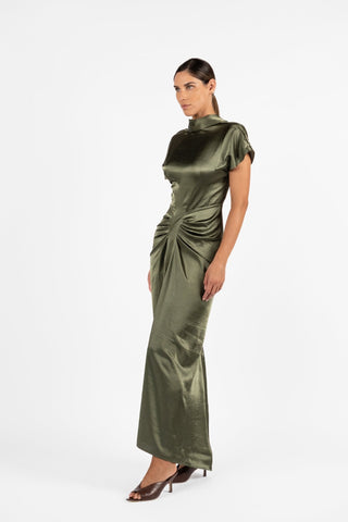 Lucent Maxi in Satin Thicket olive satin maxi dress with sculpted waist drape side view