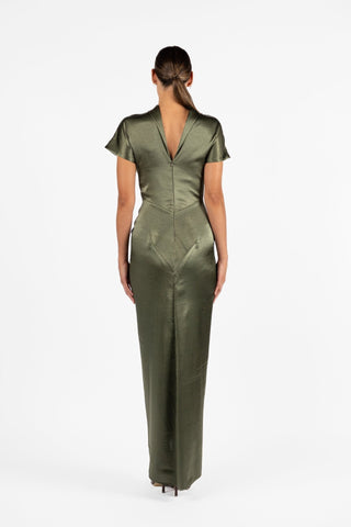 Lucent Maxi in Satin Thicket olive satin gown back view