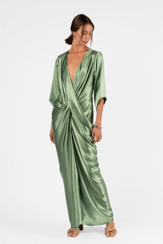 Close up of the One Fell Swoop Portishead Robe in sage green satin showing the neckline and twist front construction.