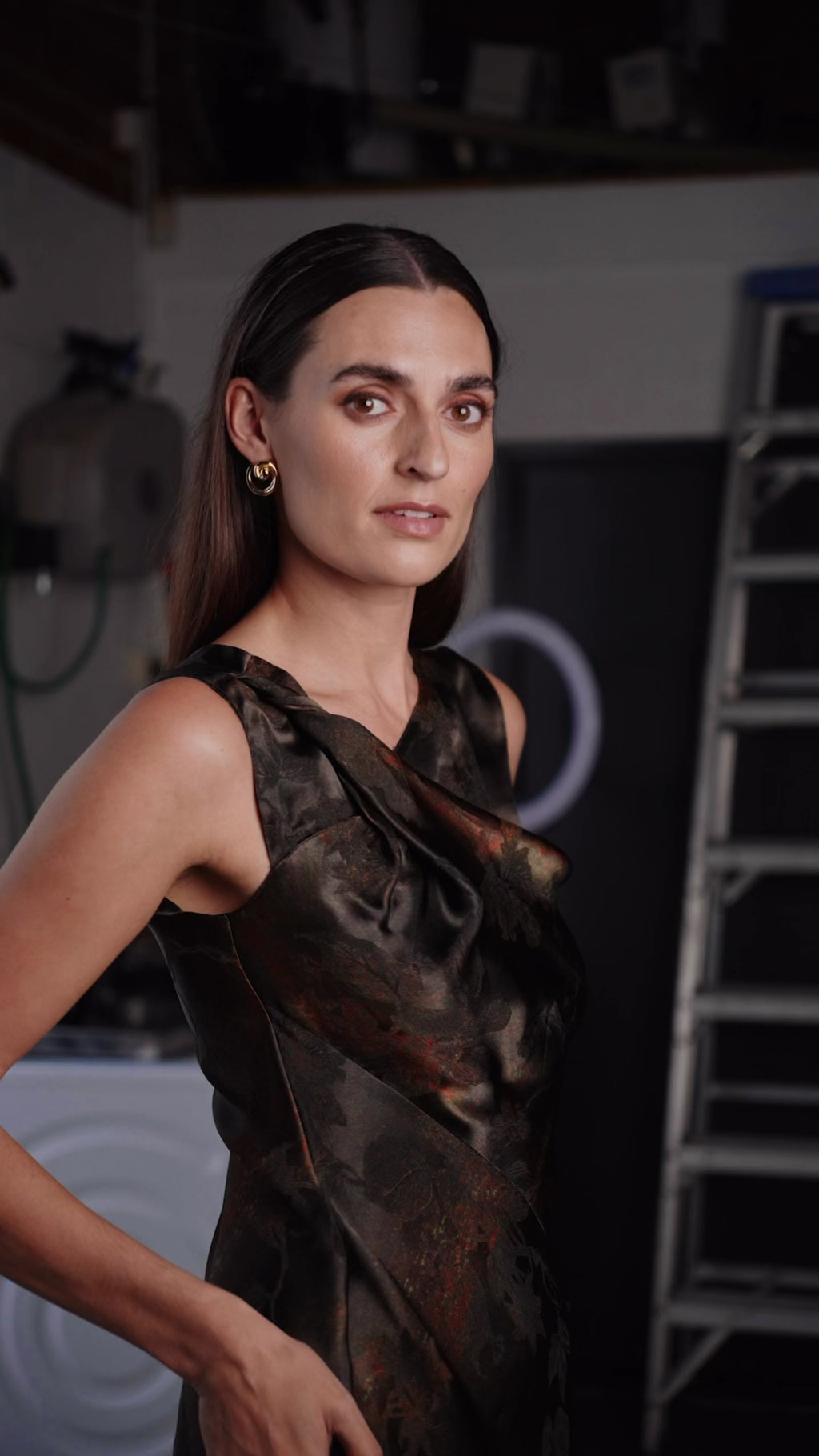 Francis Maxi Dress in Atomic Jacquard by One Fell Swoop V. Floor length evening gown with asymmetric neckline and fluid drape.deo