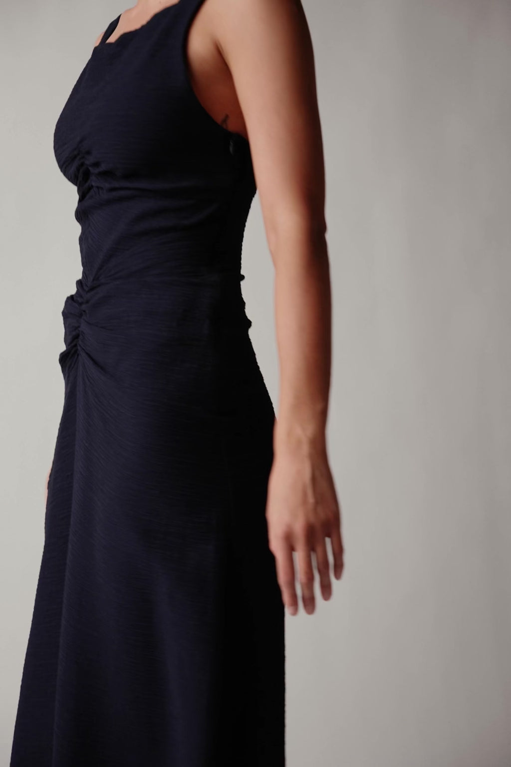Gaze Silhouette maxi dress in Nocturne navy with draped waist detail and fluid full length skirt details