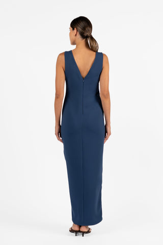 Back view of the One Fell Swoop Rendez-Vous Twist Maxi in Storm featuring a V back, sleeveless silhouette and matte crepe maxi dress.