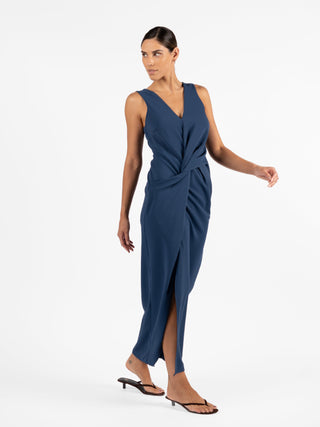 One Fell Swoop Rendez-Vous Twist Maxi in Storm with a sculptural twist waist, front split and elegant matte crepe occasion dress.