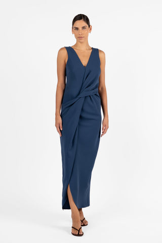 One Fell Swoop Rendez-Vous Twist Maxi in Storm featuring a sculptural twist waist, V neckline and matte crepe maxi dress.