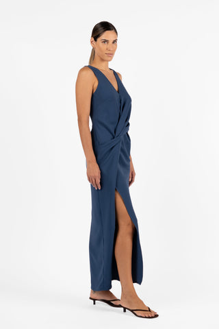 Side view of the One Fell Swoop Rendez-Vous Twist Maxi in Storm with a sculptural draped waist and soft matte crepe fabrication.