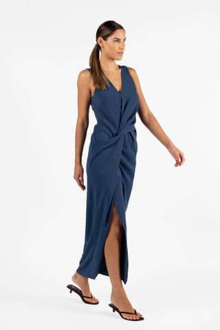 One Fell Swoop Rendez-Vous Twist Maxi in Storm showcasing a sculptural twist waist, front split and fluid matte crepe silhouette.